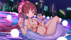 1girl armlet bare_arms bare_legs bikini blurry blurry_background bow bracelet breasts cleavage collarbone drinking_straw gem hair_bow heart_pendant highres jewelry loli long_hair looking_at_viewer mahou_shoujo_madoka_magica multi-strapped_bikini_bottom night on_innertube outdoors ponytail print_bikini purple_innertube purple_sky red_bikini red_eyes red_gemstone red_hair ring ruru_(rurumagi) sakura_kyoko sky small_breasts solo swimsuit tongue tongue_out very_long_hair yellow_bow