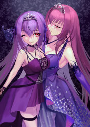  2girls absurdres asamitsu_(n_morninglight) bare_shoulders blush breasts cleavage collarbone dress elbow_gloves fate/grand_order fate_(series) flower gloves hair_between_eyes hair_flower hair_ornament highres large_breasts long_hair looking_at_viewer multiple_girls one_eye_closed purple_dress purple_gloves purple_hair red_eyes scathach_(fate) scathach_(formal_dress)_(fate) scathach_skadi_(fate) smile thighhighs thighs tiara  rating:Sensitive score:16 user:danbooru