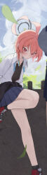  2girls absurdres ahoge bare_legs black_cardigan black_undershirt blue_archive blue_skirt blurry blurry_foreground braid cardigan cardigan_around_waist clothes_around_waist depth_of_field falling_leaves halo highres huge_ahoge leaf lemon.o.zi looking_at_viewer miniskirt multiple_girls neck_ribbon neru_(blue_archive) neru_(school_uniform)_(blue_archive) no_mole open_clothes open_shirt outdoors pleated_skirt red_eyes ribbon school_uniform shirt shoes short_hair single_braid skirt sneakers solo_focus undone_neck_ribbon white_shirt 