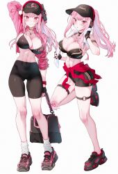  1girl absurdres armlet bag baseball_cap black_bra black_choker black_gloves black_hat black_nails black_shoes black_shorts blush bottle bra breasts choker cleavage clothes_around_waist collarbone commentary cropped_jacket english_commentary fingerless_gloves fingernails full_body gloves hat headphones high_ponytail highres holding holding_bag holding_bottle hololive hololive_english jacket jewelry kamiya_maneki knees large_breasts long_hair long_sleeves looking_at_viewer mixed-language_commentary mori_calliope multicolored_nails multicolored_shoes nail_polish navel necklace o-ring o-ring_thigh_strap open_clothes open_jacket open_mouth pink_eyes pink_hair pink_jacket pink_shirt pink_shoes ponytail red_nails shirt shirt_around_waist shoes shorts shoulder_bag signature simple_background skull_necklace smile socks solo_focus standing stomach thigh_strap thighs towel towel_around_neck twitter_username two-tone_nails two-tone_shoes underwear virtual_youtuber watch white_background white_socks wristwatch 