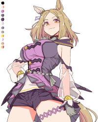 1girl animal_ears asymmetrical_gloves black_shorts breasts closed_mouth gloves grey_gloves horse_ears horse_girl horse_tail large_breasts looking_at_viewer mismatched_gloves narita_top_road_(umamusume) see-through_clothes see-through_sleeves shorts simple_background smile solo tail toriga_naku umamusume white_background white_gloves yellow_eyes 