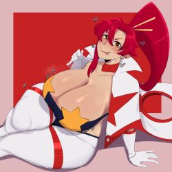  1girl absurdres blush breasts choker cleavage collar collarbone curvy gigantic_breasts gloves heart highres huge_breasts licking_lips long_hair mature_female motion_lines naughty_face ponytail red_hair simple_background sitting smile solo star_(symbol) sweat tengen_toppa_gurren_lagann thick_thighs thighs tongue tongue_out very_long_hair white_gloves wide_hips yamathegod yellow_eyes yoko_littner 