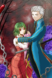  1boy 1girl azun_(azn) bare_tree blue_coat blue_eyes chain coat crossover devil_may_cry_(series) flower green_hair hair_slicked_back height_difference holding holding_sword holding_weapon katana kazami_yuuka looking_at_viewer m.u.g.e.n pink_umbrella plaid_clothes plaid_skirt plaid_vest purple_flower purple_rose red_background red_eyes rose short_hair skirt sword touhou tree umbrella vergil_(devil_may_cry) vest weapon white_hair yamato_(sword) 