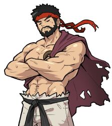  1boy abs absurdres beard belt black_belt black_hair cape closed_eyes collarbone cowboy_shot crossed_arms facial_hair groin highres male_focus muscular muscular_male navel o-ring pants pectorals red_cape ryu_(street_fighter) sach56000 short_hair side_cape simple_background solo standing street_fighter street_fighter_6 sweat thick_eyebrows topless_male torn_cape torn_clothes torn_pants white_background white_pants 
