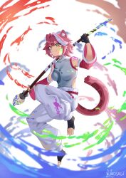  1girl absurdres alternate_costume alternate_hair_length alternate_hairstyle animal_ears artist_name black_gloves breasts detached_sleeves facial_mark fang gloves highres hololive hololive_english large_breasts long_sleeves looking_at_viewer multicolored_hair paint_splatter paintbrush panther_ears panther_girl panther_tail pants pink_hair pyrokuro raora_panthera short_hair single_glove skin_fang smile solo streaked_hair tail toeless_legwear virtual_youtuber white_background white_hair white_pants yellow_eyes 