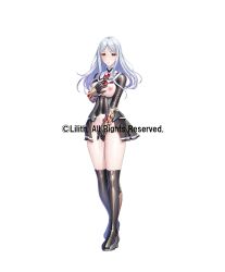 between_legs black_gloves black_skirt black_thighhighs black_unitard blush breasts breasts_out gauntlets gloves hand_between_legs lilith-soft long_hair looking_at_viewer medium_breasts nipples official_art onigumo_saburo pale_skin pussy_juice red_eyes skirt taimanin_(series) taimanin_rpgx taimanin_suit thighhighs torn_clothes unitard white_hair