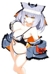 1girl arknights armband bad_id bad_pixiv_id bikini breasts cleavage collarbone female_focus gloves hururu_(vldptmxk1054) jacket large_breasts looking_at_viewer medium_hair navel ptilopsis_(arknights) simple_background solo swimsuit white_background yellow_eyes rating:Questionable score:10 user:danbooru
