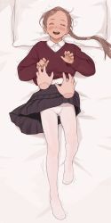 1girl ^_^ absurdres bad_id bad_pixiv_id blush braid brown_hair closed_eyes clothes_lift disembodied_hand female_focus highres i0525 laughing loli long_hair lying on_back open_mouth panties panties_under_pantyhose pantyhose pillow school_uniform shirt skirt skirt_lift solo sweater tickling tickling_stomach underwear white_pantyhose white_shirt rating:Questionable score:261 user:danbooru