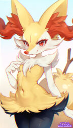  1girl animal_ear_fluff animal_ears animal_nose arm_at_side artist_name black_fur blush body_fur braixen chromatic_aberration closed_mouth cowboy_shot eyelashes female_focus fewer_digits flat_chest fox_ears fox_girl fox_tail furry furry_female gen_6_pokemon gradient_background hand_up happy highres light_blush looking_at_viewer multicolored_fur navel neck_fur nintendo patreon_username pokemon pokemon_(creature) red_eyes signature simple_background smile snout solo standing stick stomach suahh tail watermark web_address white_fur wide_hips yellow_fur 