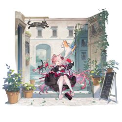  &gt;_&lt; 1girl breasts building camera cat cone_hair_bun double_bun dress flower food frilled_dress frills fruit full_body girls&#039;_frontline hair_bun hair_ribbon hairband highres holding holding_camera long_hair martini-henry_(berry-colored_palpitations)_(girls&#039;_frontline) martini-henry_(girls&#039;_frontline) official_alternate_costume official_art open_mouth outdoors pantyhose pink_hair plant potted_plant red_flower red_ribbon red_shoes ribbon shoes sign soles solo stairs starshadowmagician stone_stairs strawberry strawberry_bag torn_clothes torn_pantyhose unworn_shoes white_pantyhose 