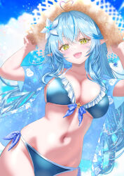 1girl absurdres ahoge bikini blue_bikini blue_hair breasts cleavage cowboy_shot hat heart heart_ahoge highres hololive large_breasts nanaki24 navel open_mouth pointy_ears solo straw_hat swimsuit tongue virtual_youtuber yellow_eyes yukihana_lamy 