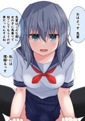  1girl absurdres aqua_eyes black_thighhighs breasts grey_hair highres jitome kuromiya_sakana large_breasts looking_at_viewer original pov school_uniform serafuku straddling thighhighs translated white_background 