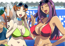 2girls bikini blush breasts brown_hair choker cleavage curvy dark-skinned_female dark_skin closed_eyes eyewear_on_head green_bikini jewelry large_breasts lipstick long_hair makeup multiple_girls ojamajo_doremi one_eye_closed purple_eyes purple_hair red_bikini ring seki-sensei sunglasses swimsuit tan volvox waving wink rating:Questionable score:59 user:jojosstand