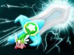  artist_request blush_stickers colored_skin green_headwear hat huge_weapon kirby kirby&#039;s_return_to_dream_land kirby_(series) lightning looking_at_viewer nintendo no_humans pink_skin star_(symbol) sword sword_kirby ultra_sword_kirby weapon  rating:General score:15 user:Rikko-43