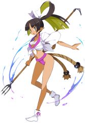  1girl black_eyes black_hair blonde_hair dark-skinned_female dark_skin disgaea disgaea_rpg full_body fundoshi hair_rings harada_takehito holding holding_polearm holding_weapon japanese_clothes kunoichi_(disgaea) long_hair multicolored_hair navel non-web_source official_art open_mouth photoshop_(medium) pointy_ears polearm sarashi shirt short_sleeves solo tabi tied_shirt transparent_background trident two-tone_hair weapon 