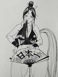  1girl clothes_lift hand_fan loincloth loincloth_lift shiranui_mai shiwasu11 smirk snk sweat the_king_of_fighters traditional_media  rating:Questionable score:0 user:CovArd