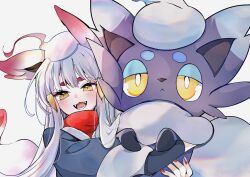  1girl akari_(pokemon) akari_(pokemon)_(cosplay) alternate_color animal_ear_fluff animal_ears blush cocoa_s3 cosplay eyelashes fang fangs galaxy_expedition_team_survey_corps_uniform gen_5_pokemon grey_jacket headscarf highres hisuian_zoroark hisuian_zorua holding jacket long_hair multicolored_hair nintendo open_mouth pokemon pokemon_(creature) pokemon_legends:_arceus red_hair red_nails red_scarf sash scarf shiny_pokemon shirt sidelocks simple_background smile solo teeth two-tone_hair white_background white_hair yellow_eyes zorua 