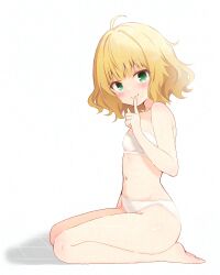  1girl adversarial_noise ahoge bare_arms bare_legs bare_shoulders barefoot blonde_hair blush bra closed_mouth collarbone flat_chest full_body gochuumon_wa_usagi_desu_ka? green_eyes highres hitorilily kirima_syaro loli looking_at_viewer navel panties short_hair simple_background sitting smile solo stomach thighs underwear underwear_only white_background white_bra white_panties  rating:Sensitive score:31 user:danbooru