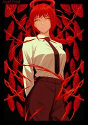  1girl chain chainsaw_man dress_shirt formal_clothes halo highres looking_at_viewer makima_(chainsaw_man) mccheese necktie red_hair red_halo ringed_eyes shirt solo suit upper_body yellow_eyes  rating:General score:2 user:danbooru