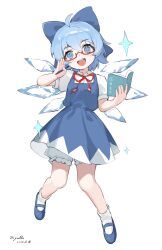  1girl :d adjusting_eyewear ahoge aqua_eyes aqua_hair artist_name bloomers blue_bow blue_dress blue_shoes book bow chinese_text circled_9 cirno collared_shirt commentary dated dress hair_bow highres holding holding_book holding_pen looking_at_viewer mary_janes neck_ribbon open_mouth pen pinafore_dress puffy_short_sleeves puffy_sleeves red-framed_eyewear red_ribbon ribbon semi-rimless_eyewear shirt shoes short_hair short_sleeves signature simple_background siyumu sleeveless sleeveless_dress smile socks solo teeth touhou translated under-rim_eyewear underwear upper_teeth_only white_background white_bloomers white_shirt white_socks 