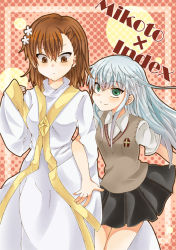 2girls alternate_costume brown_eyes brown_hair cosplay costume_switch green_eyes habit index_(toaru_majutsu_no_index) index_(cosplay) long_hair misaka_mikoto misaka_mikoto_(cosplay) mochiko_(rice_cake) mochiko_(x-game) multiple_girls nun robe safety_pin school_uniform short_hair skirt smile sweater_vest toaru_majutsu_no_index rating:Sensitive score:8 user:danbooru