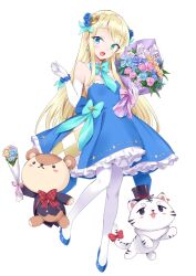 1girl bare_shoulders blonde_hair blue_dress blue_eyes blush bow dress full_body gloves green_eyes hair_between_eyes hair_ornament heterochromia holding isekai_wa_smartphone_to_tomo_ni. kohaku_(isekai_wa_smartphone_to_tomo_ni.) long_hair looking_at_viewer open_mouth paula_(isekai_wa_smartphone_to_tomo_ni.) princess simple_background skirt smile socks solo thighhighs tiger usatsuka_eiji very_long_hair white_background white_tiger yumina_elnea_belfast 