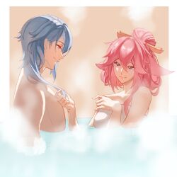  1boy 1girl animal_ears bare_shoulders blue_hair brown_background chinese_commentary chunyexiyu61791 closed_mouth collarbone couple fox_ears fox_girl from_side genshin_impact hair_between_eyes hair_ornament hair_up hairpin hand_in_another&#039;s_hair head_tilt hetero highres kamisato_ayato light_smile long_hair looking_at_another looking_down looking_up naked_towel official_alternate_hairstyle pink_hair purple_eyes sauna shade steam towel water yae_miko 