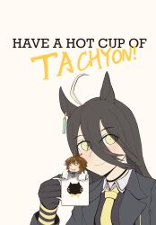  2girls :3 agnes_tachyon_(umamusume) ahoge black_choker black_coat black_gloves black_hair black_necktie black_shirt brown_hair character_name choker closed_eyes closed_mouth coat collared_shirt cup ear_tag earrings gloves grey_hair hair_between_eyes hand_up highres historical_name_connection holding holding_cup jewelry lab_coat long_hair long_hair_between_eyes manhattan_cafe_(umamusume) mini_person minigirl mug multicolored_hair multiple_girls mwkao name_connection necktie propaganda shirt short_necktie simple_background single_earring sleeves_past_fingers sleeves_past_wrists smile umamusume white_background world_war_ii yellow_eyes yellow_necktie 