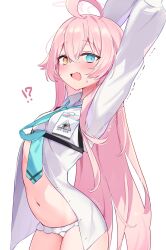  !? 1girl ahoge arms_up bikini blue_archive blue_necktie chest_harness fang frilled_bikini frills halo harness heterochromia highres hoshino_(blue_archive) huge_ahoge id_card long_hair looking_at_viewer navel necktie no_pants partially_unbuttoned pink_hair pink_halo skin_fang solo stretching sweat swimsuit trembling white_background white_bikini yonako_(123456nya) 