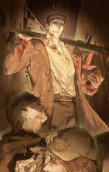  3boys baseball_bat belt belt_buckle black_belt black_pants brown_coat buckle coat collared_shirt dead_rabbits_(identity)_(project_moon) highres holding holding_baseball_bat jing84672940 lapels limbus_company long_sleeves male_focus meursault_(project_moon) multiple_boys notched_lapels outdoors pants pocket_watch project_moon rain shirt slums watch white_shirt 