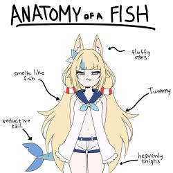  1girl :3 anatomy_of_a_gamer_(meme) animal_ear_fluff animal_ears arrow_(symbol) blonde_hair blue_collar blue_eyes blue_hair cat_ears closed_mouth collar commentary cowboy_shot dress english_text fang fins fish_girl fish_tail flat_color frilled_shirt_collar frills hashtag-only_commentary highres indie_virtual_youtuber loli long_hair low_twintails meme multicolored_hair onlykonro sameko_saba short_shorts shorts simple_background sleeveless sleeveless_dress smile solo standing straight-on streaked_hair tail twintails very_long_hair virtual_youtuber white_background white_dress white_shorts 