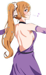  1girl absurdres alternate_hairstyle backless_dress backless_outfit blush breasts brown_hair butterfly_hair_ornament commentary detached_sleeves dress earrings hair_ornament hair_ribbon highres jewelry konoe_kanata large_breasts long_hair looking_at_viewer love_live! love_live!_nijigasaki_high_school_idol_club musical_note ponytail purple_dress purple_eyes ribbon sideboob smile uchuu_no_mozuku white_background 