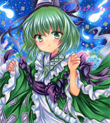  1girl blue_background dress frills ghost_tail green_dress green_eyes green_hair hat long_sleeves looking_at_viewer marker_(medium) parted_lips pinching_sleeves rui_(sugar3) sample_watermark soga_no_tojiko solo tate_eboshi touhou traditional_media upper_body watermark wide_sleeves 