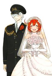  1boy 1girl ae-3803 bare_shoulders black_eyes blush bouquet bridal_veil closed_eyes dress elbow_gloves flower gloves grey_necktie hair_over_one_eye hat hataraku_saibou highres holding holding_bouquet jewelry military_dress_uniform military_hat military_uniform necktie open_mouth red_blood_cell_(hataraku_saibou) red_flower red_hair ring simple_background smile tokumina_20 u-1146 veil wedding_dress wedding_ring white_blood_cell_(hataraku_saibou) white_gloves white_hair 