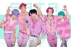  5boys abby_(kpop_demon_hunters) aqua_hair baby_(kpop_demon_hunters) belt black_hair clenched_hand commentary cowboy_shot earrings english_commentary hair_over_eyes highres jewelry jinu_(kpop_demon_hunters) kpop_demon_hunters male_focus multiple_boys mystery_(kpop_demon_hunter) navel necklace pants parted_lips pink-tinted_eyewear pink_hair pink_pants purple_hair romance_(kpop_demon_hunters) salute shirt short_hair smile sunglasses t-shirt tinted_eyewear v xkalatl 