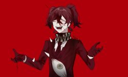  androgynous blood blood_on_clothes blood_on_face commentary e.g.o_(project_moon) employee_(project_moon) gloves jacket lobotomy_corporation long_sleeves mimicry_(e.g.o) necktie nugget_(project_moon) one_eye_closed open_mouth project_moon quin_tails red_background red_gloves red_hair red_jacket red_necktie shirt short_twintails shuishui_a simple_background smile solo twintails upper_body w_arms white_shirt 