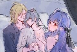  1girl 2boys ahoge bare_shoulders bisexual_male black_bow black_shirt blonde_hair blood blood_from_mouth blush bow braid breasts brother_and_sister closed_mouth collarbone collared_shirt crying crying_with_eyes_open detached_sleeves dress fangs from_behind green_eyes grey_eyes grey_hair hair_bow half-closed_eyes hand_on_another&#039;s_chest hand_on_another&#039;s_head heterochromia holding holding_sword holding_weapon hugo_vlad indoors leonrui long_hair long_sleeves looking_at_another looking_at_viewer looking_back lying_on_person medium_breasts mixed-language_commentary multiple_boys on_bed open_clothes open_mouth open_shirt pillow pointy_ears purple_hair red_eyes shirt short_hair siblings sleeveless sleeveless_dress smile sword tears vampire vivian_banshee weapon white_dress white_shirt white_sleeves wise_(zenless_zone_zero) zenless_zone_zero 