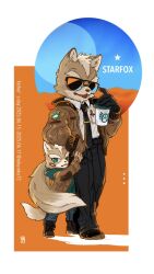 2025 2boys aged_down alternate_costume bandaid bandaid_on_face boots copyright_name cup dated disposable_coffee_cup disposable_cup father&#039;s_day father_and_son fox_mccloud full_body green_eyes highres jacket james_mccloud looking_at_viewer multiple_boys necktie nintendo orange_background rokuroku72 standing star_fox sunglasses