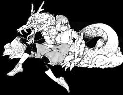 1girl arms_(game) beanie black_background bob_cut dragon eye_mask hat kakiyakee_(k_key_5) leggings leggings_under_shorts min_min_(arms) monochrome ringed_eyes shoes short_hair shorts sitting sneakers solo