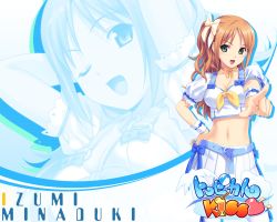 10s 1girl belt breasts choker cleavage crop_top crop_top_overhang female_focus fingernails green_eyes hair_ornament hair_ribbon hand_on_own_hip koutaro looking_at_viewer midriff minazuki_izumi navel open_mouth orange_hair pointing ribbon skirt smile solo tropical_kiss waitress wrist_cuffs rating:Sensitive score:17 user:danbooru