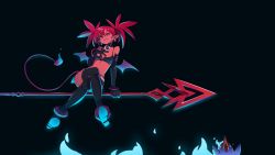  1girl anklet bangle bat_wings belt black_gloves blue_fire bracelet broom broom_riding collar demon_girl demon_tail disgaea earrings elbow_gloves etna fire flat_chest full_body gloves highres jewelry crossed_legs midriff miniskirt optionaltypo pointy_ears prinny red_eyes red_hair sitting skirt skull_earrings smile solo_focus tail thighhighs wallpaper wings  rating:Sensitive score:31 user:danbooru