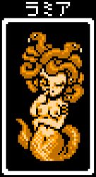  1girl 2025 20s armlet black_background breasts brown_hair chinese_zodiac closed_eyes happy_new_year jewelry lamia large_breasts long_hair monster_girl monster_maker navel new_year nipples nude pixel_art pussy saiwai_hiroshi snake_girl snake_hair standing year_of_the_snake 