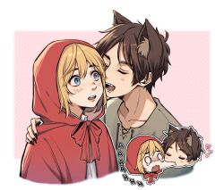  0_0 2boys animal_ears arm_around_shoulder armin_arlert biting biting_cheek black_nails blonde_hair blue_eyes brown_hair capelet closed_eyes commentary eren_yeager fingernails heart highres hood hooded_capelet keksimuru kemonomimi_mode male_focus multiple_boys red_capelet sharp_fingernails shingeki_no_kyojin tears wolf_boy wolf_ears yaoi 
