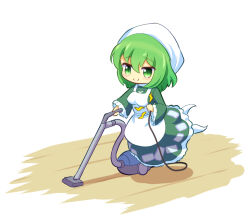  1girl apron blush breasts closed_mouth commentary_request dress electricity electrokinesis floating green_dress green_eyes green_hair long_sleeves mundane_utility ofuda ofuda_on_clothes shadow smile soga_no_tojiko solo touhou vacuum_cleaner white_apron wide_sleeves yoruniwa 