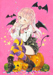  1girl bat_(animal) bat_wings black_dress blush boots bow braid brown_boots collared_shirt commentary_request confetti demon_tail dress fake_tail fake_wings fingers_to_cheeks full_body hair_bow halloween halloween_costume hands_up head_tilt highres jack-o&#039;-lantern knee_up light_particles long_hair long_sleeves looking_at_viewer marker_(medium) multicolored_hair nidanmepile one_eye_closed open_mouth orange_thighhighs original pinafore_dress pink_background pink_hair plantar_flexion purple_bow purple_eyes purple_thighhighs raised_eyebrows shirt short_dress sideways_glance sitting sleeveless sleeveless_dress smile solo star_(symbol) striped_clothes striped_thighhighs tail teeth thighhighs traditional_media two-tone_hair two-tone_thighhighs upper_teeth_only white_hair white_shirt wings zettai_ryouiki 