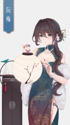  1girl absurdres bird bracelet brown_hair china_dress chinese_clothes closed_mouth dress earrings flower green_eyes hair_flower hair_intakes hair_ornament hairpin highres holding holding_lantern honkai:_star_rail honkai_(series) jewelry lantern multiple_rings nail_polish necklace paper_lantern pearl_bracelet pearl_necklace ring risdandr ruan_mei_(honkai:_star_rail) 