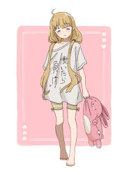 1girl ahoge blonde_hair closed_eyes closed_mouth clothes_writing commentary_request futaba_anzu holding holding_stuffed_toy idolmaster idolmaster_cinderella_girls inset_border long_hair low_twintails oversized_clothes oversized_shirt pink_background shirt short_sleeves shorts solo striped_clothes striped_shorts stuffed_animal stuffed_rabbit stuffed_toy stuffing t-shirt three_of_hearts twintails very_long_hair walking_towards_viewer white_background you_work_you_lose yuyohe rating:General score:3 user:danbooru
