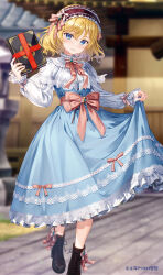 1girl alice_margatroid black_boots blonde_hair blue_dress blue_eyes blurry blurry_background book boots closed_mouth cross-laced_footwear dress dress_ribbon fujima_takuya full_body holding holding_book long_sleeves looking_at_viewer looking_back official_art outdoors pink_ribbon ribbon short_hair smile solo standing touhou