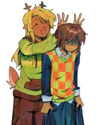  1girl 1other animal_ears black_hood black_pants black_shirt black_skirt blonde_hair blush brown_hair checkered_clothes checkered_sweater_vest collared_shirt commentary cosplay costume_switch deer_ears deer_girl deer_tail deltarune english_commentary goomyloid green_hoodie hair_over_one_eye highres hood hoodie kris_(deltarune) kris_(deltarune)_(cosplay) long_sleeves noelle_holiday noelle_holiday_(cosplay) open_mouth pants red_eyes shirt short_hair skirt skirt_hold smile tail white_shirt 