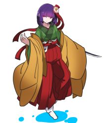  1girl blunt_bangs female_focus flower hair_flower hair_ornament hair_ribbon hakama hakama_skirt hand_up hieda_no_akyuu hiedanotsukai highres hime_cut holding holding_sword holding_weapon japanese_clothes kimono long_sleeves looking_to_the_side no_shoes off_shoulder pink_eyes purple_hair red_ribbon ribbon simple_background skirt sleeves_past_wrists smile solo sword sword_in_sleeve tabi touhou transparent_background tsurime weapon white_background 